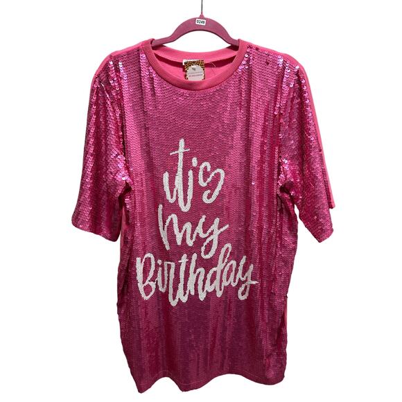NWT Why Dresses “It’s My Birthday” Pink Sequin Shirt Dress – One Size - Picture 1 of 3